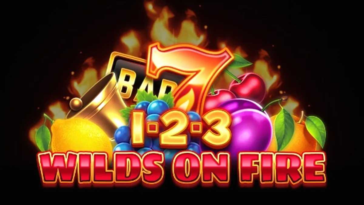 Interface do jogo de slot 1-2-3 Wilds on Fire com símbolos de frutas e fogo