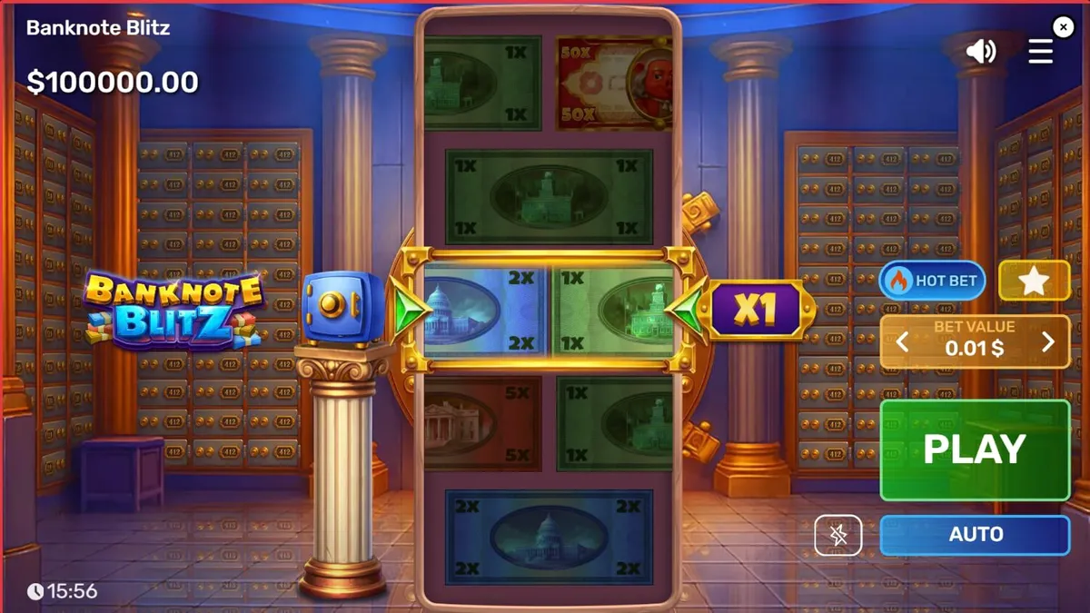 Interface do jogo de slot Banknote Blitz com tema de cofre de banco luxuoso