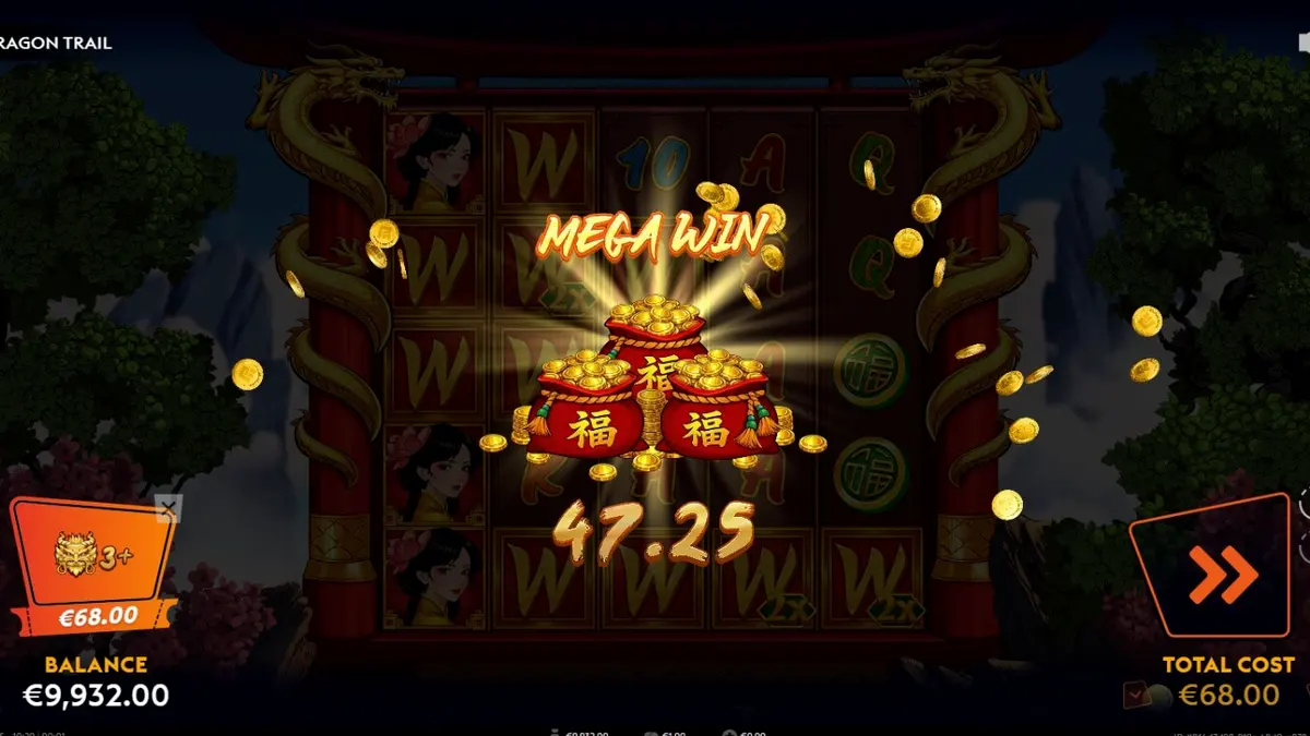 Interface do slot Dragon Trail com dragões e moedas de ouro