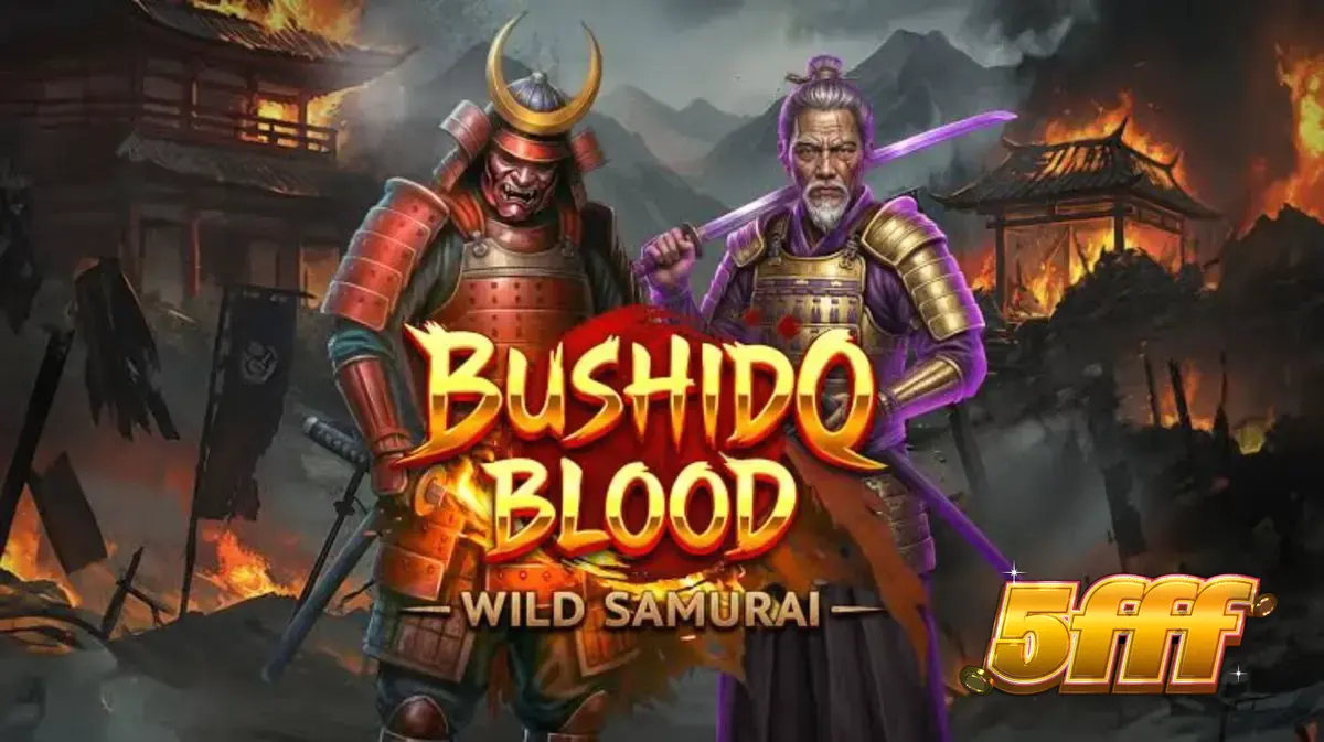 Guerreiro samurai em frente a estandartes carmesins no slot Bushido Blood